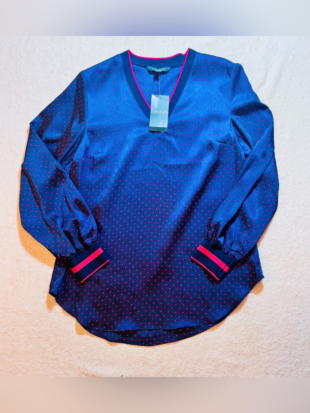 Ralph Lauren Navy Red Polka Dot Women's M V Neck Blouse New